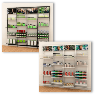 Vertik Wall Mounted Retail Display Shelf Unit, For 20 Shelves , w/Signage | 4-Sections