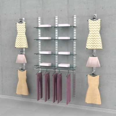 91" SlatStrip Vertical Wall Mounted Retail Clothing Display for 4 Glass Shelves with 6 Faceouts and Hanging Rail, 4-Sections