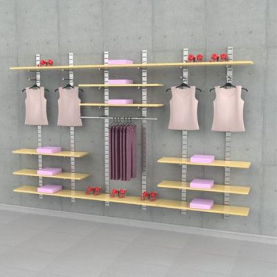 91" SlatStrip Vertical Wall Mounted Retail Hanging and Shelving Display for 12 Wood Shelves with 4 Faceouts and Hanging Rail, 3-Sections