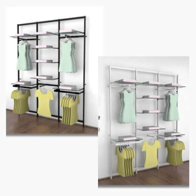 Vertik Wall Mounted Retail Clothing Display Unit for 8 Shelves w/3 Faceouts, 2 Hanging Rails | 3-Sections
