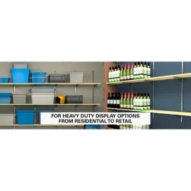 Heavy duty wall shelving system styled for residential and retail use with storage bins and wine bottles