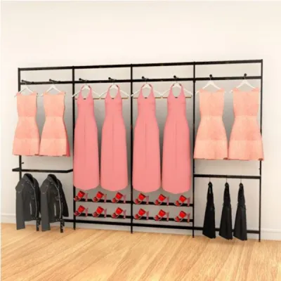 Vertik Wall Mounted Retail Clothing Display Unit w/8 Faceouts, 2 Hanging Rails, 12 Shoe Displayers | 38" Wide