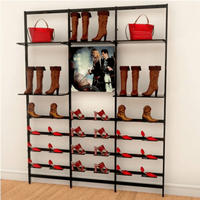 Vertik Wall Mounted Retail Display Shelf Unit, For 5 Shelves w/24 Shoe Displays and Signage | 3-Sections