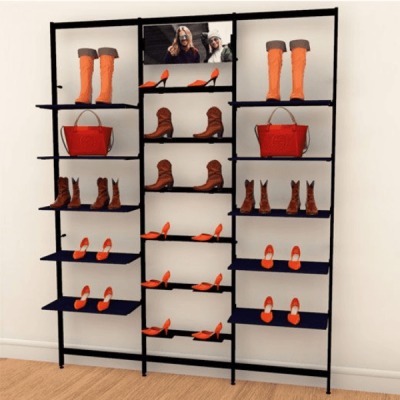 Vertik Wall Mounted Retail Display Shelf Unit, For 10 Shelves w/12 Shoe Displays and Signage | 3-Sections