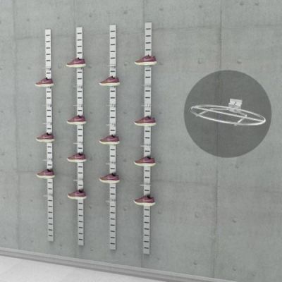91" SlatStrip Vertical Wall Mounted Retail Shoe Display with 32 Adult Shoe Displayers - Ellipse Wire, 3-Sections