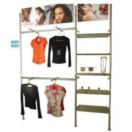 Palo System retail display anodized aluminum upright outrigger shelves hangbars boutique store
