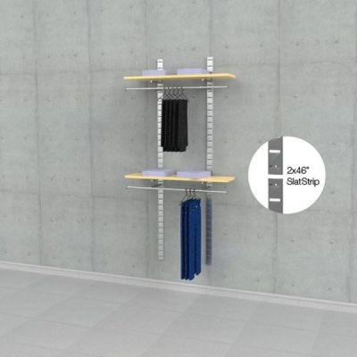 2x46" SlatStrip Vertical Wall Mounted Retail Hanging and Shelving Display for 2 Wood Shelves with 2 Hanging Rails, 1-Section