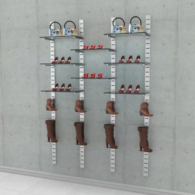 91" SlatStrip Vertical Wall Mounted Retail Shoe Shelving Display for 8 Glass Shelves with 8 Plate Shape Shoe Displayers, 3-Sections
