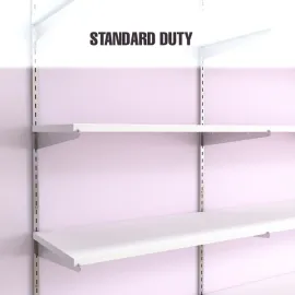 Standard duty wall shelving system in white with adjustable brackets and shelves