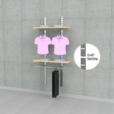 2×46″ SlatStrip Vertical Wall Mounted Retail Clothing Display with for 2 Wood Shelves with 48″ Hanging Rail & 2 Faceouts, 1-Section