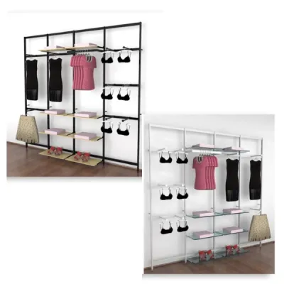 Vertik Wall Mounted Retail Clothing Display Unit for 8 Shelves w/9 Faceouts, Hanging Rail | 4-Sections