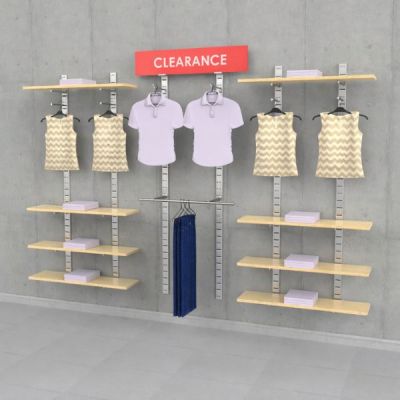 91" SlatStrip Vertical Wall Mounted Retail Clothing Display for 8 Wood Shelves with 6 Faceouts, Hanging Rail and Sign Display, 3-Sections