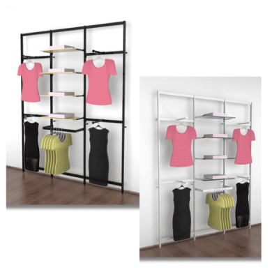 Vertik Wall Mounted Retail Clothing Display Unit for 4 Shelves w/4 Faceouts, 1 Hanging Rail | 3-Sections
