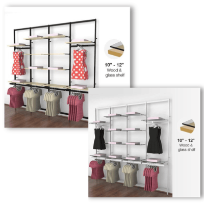 Vertik Wall Mounted Retail Clothing Display Unit for 12 Shelves with 2 Faceouts and 4 Hanging Rail | 4-Sections