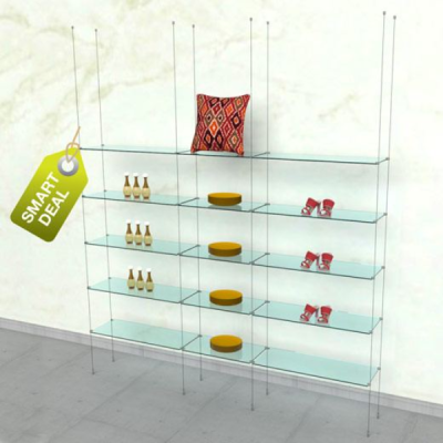 Cable Shelving Unit for 15 Glass Shelves | Hanging Display, 3 Sections