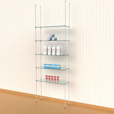 Tube Ceiling to Floor Shelving Display Kit, for 5 Glass Shelves, 1 Section, Hanging Display