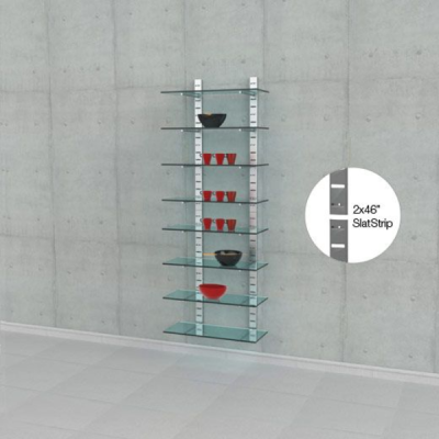 4x46" SlatStrip Vertical Wall Mounted Retail Shelving Display for 8 Glass Shelves, 14"-16" Shelf Depth, 1-Section