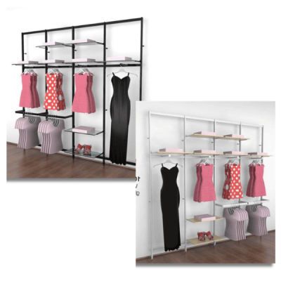 Vertik Wall Mounted Retail Clothing Display Unit for 8 Shelves w/4 Faceouts, 2 Hanging Rails | 4-Sections