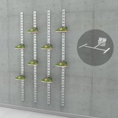 91" SlatStrip Vertical Wall Mounted Retail Shoe Display with 32 Adult Shoe Displayers - H Shape, 3-Sections