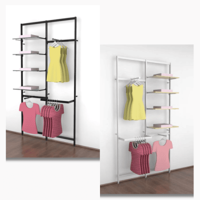 Vertik Wall Mounted Retail Clothing Display Unit for 4 Shelves w/2 Faceouts, 1 Hanging Rail | 2-Sections
