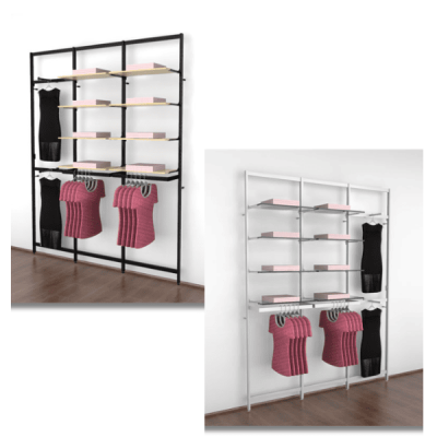 Vertik Wall Mounted Retail Clothing Display Unit for 8 Shelves w/2 Faceouts, 2 Hanging Rails | 3-Sections
