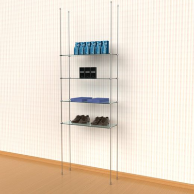 Tube Ceiling to Floor Shelving Display Kit, for 4 Glass Shelves, 1 Section, Hanging Display