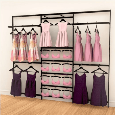 Vertik Wall Mounted Retail Clothing Display Unit w/6 Faceouts, 2 Hanging Rails and Hooks | 3 Sections | 38" Wide